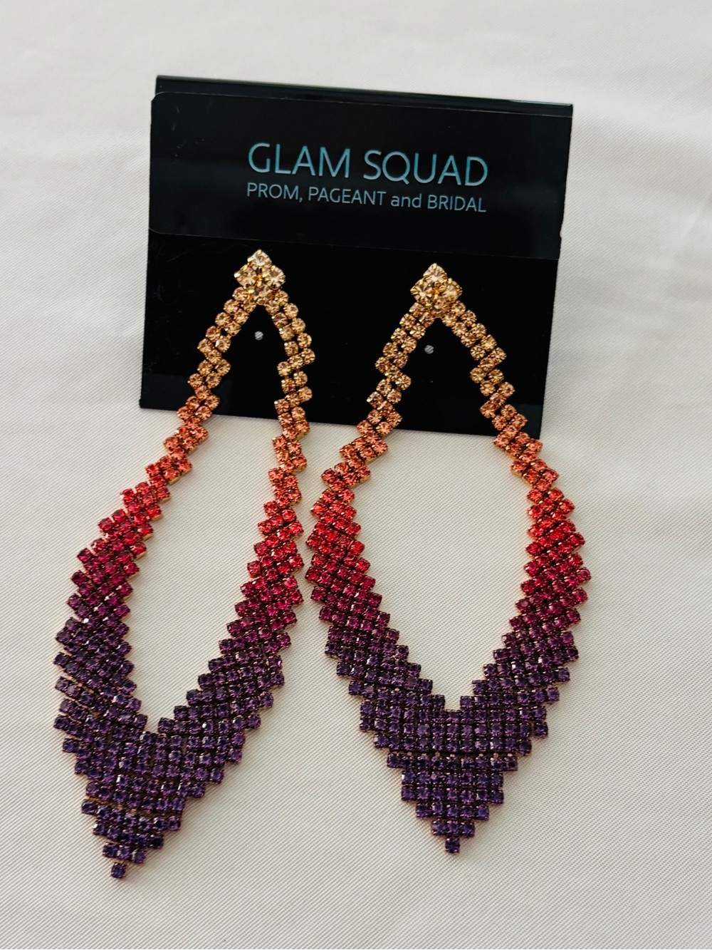 Glam Squad 3” Long Ombré Rhinestone Earrings Purple Red Orange NWT